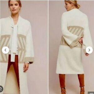 Anthropologie Merzouga fuzzy kimono sleeve cardigan in cream and tan. One size.